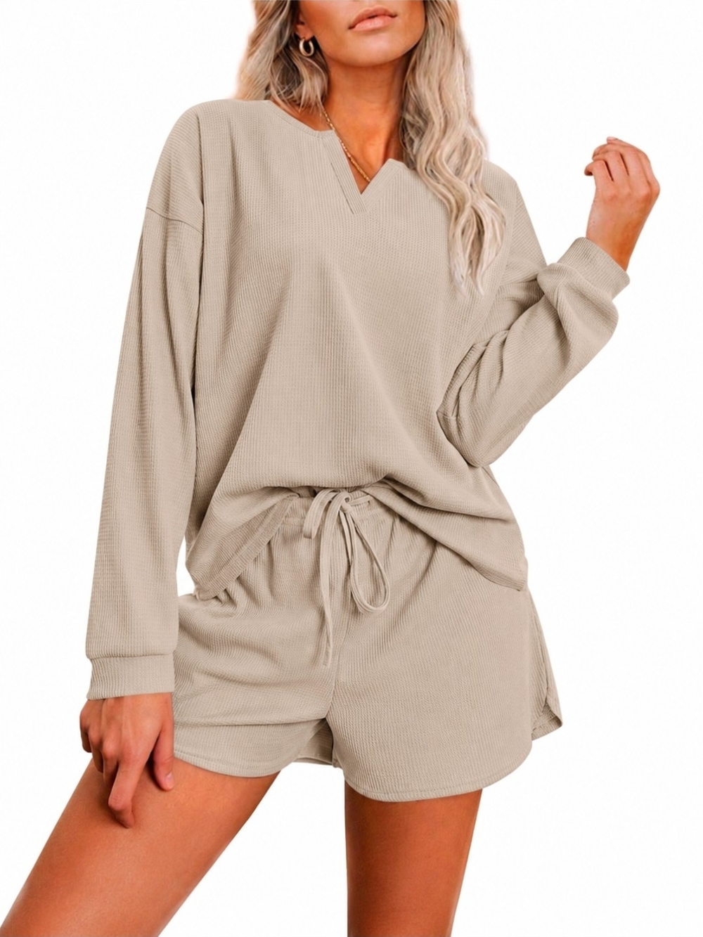 Cozy Waffle Knit Lounge Set - Beige